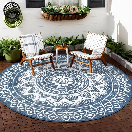 VSIWB Tapis d'extérieur Rond pour terrasse 240cm réversible imperméable et Pliable bohème pour Camping-carTapis de Pique-Nique et de Camping pour RV, Balcon, Plage, terrasse, Bleu/Blanc
