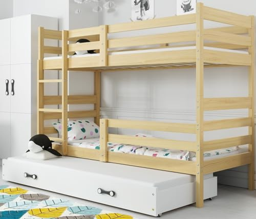 Interbeds Etagenbett für 3 Kinder Stockbett Hochbett 200x90 Holzbett Kiefernholz Kinderbett zusätzlicher Schlafplatz in der Schublade Jugenbett mit Lattenrost und Rausfallschutz (200x90)