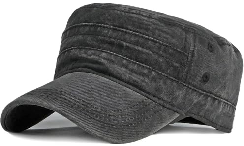 Oneroomone Kappen Herren, Verstellbare Military Cap, Sport Vintage Cap, Washed Baumwolle Flat Caps, Unisex Flat Militärmütze, Used Look Schirmmütze Militärmütze (schwarz)