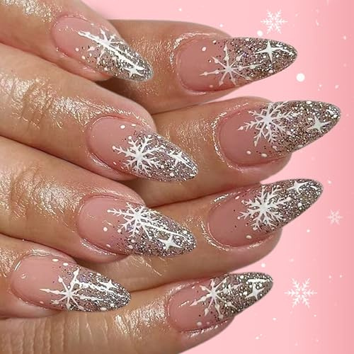 Set di 24 unghie artificiali scintillanti, facili da applicare, per le feste invernali, per occasioni speciali, renna e fiocco di neve