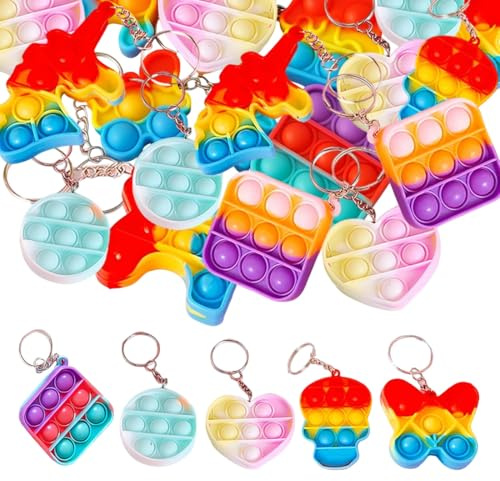Porte-clés Pop, 20PCS Mini Pop Push It Fidget Jouet Porte Clés,Coloré Silicone Squeeze Pop Bubble Fidget Bulk Jouets Sensoriels, pour Autisme, Enfants Adultes