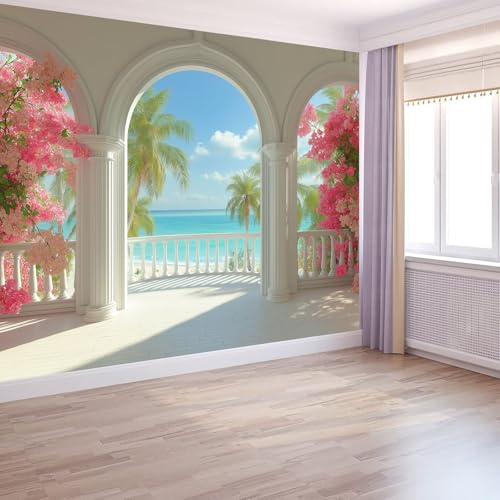 Fototapete tropisch, Vlies Fototapete Urlaub Torbogen Küste Blumen 350 x 256 (B x H) Wanddekoration für Wohnzimmer Sofa TV Hintergrund, Mehrfarbig Moderne Dekoration