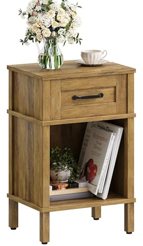 YAUKTAK Nachttisch Beistelltisch Bedside Table Rustikalbraun LET512DR | mit 1 Schubladen and Griff Offenes , Fach Couchtisch ,Holz Nachtschrank für Schlafzimmer Wohnzimmer