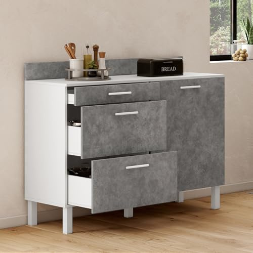 IDMarket CINA - Aparador bajo olla de cocina 120 cm encimera H.83 cm 1 puerta + 3 cajones blanco y efecto hormigón