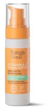 Bottega Verde - Vitamina C + Biancospino, Siero Notte Antimacchia Viso e Mani, 30 ml, con Vitamina C Microincapsulata, Biancospino e Cybright, Schiarente e Uniformante per Tutti i Tipi di Pelle