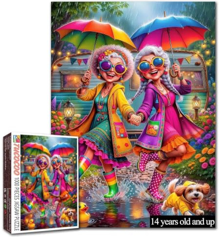 Happy Grandmas Puzzle 1000 Pieces for Adults Rainy Day Outdoor Scene Jigsaw | Grandma Friends Puzzle Funny Old Lady Camping Puzzle Umbrella Artwork Challenging Family Activity Games Gifts