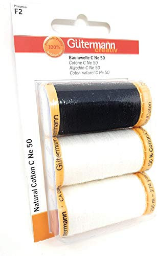 Gutermann Set di 3 Bobine di Filo, 100% Cotone, 250 Metri, Nero/Bianco, 5 x 0.02 x 0.02 cm