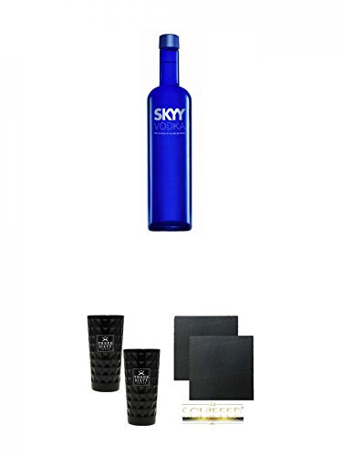 Skyy Vodka USA 0,7 Liter + Three Sixty black Vodka Glas 2 Stück (black) + Schiefer Glasuntersetzer eckig ca. 9,5 cm Ø 2 Stück