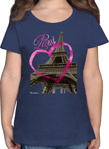 T-Shirt Mädchen - Kinder Fahnen und Flaggen - I Love Paris - 152 (12/13 Jahre) - Dunkelblau Meliert - Paris+Tshirt Stadt Pariser Tshirt Shirt Country Eifelturm Kindershirt städte Eiffelturm