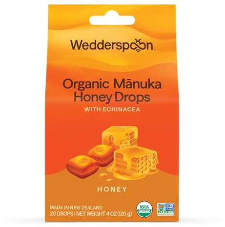 Wedderspoon Organic Manuka Honey Drops, Honey & Echinacea, 20 Count | USDA Organic | Genuine New Zealand Honey, Natural Remedy for Dry Throat