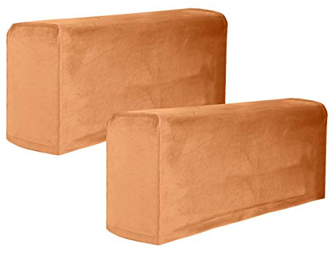 VOSAREA 2pcs Stretch Fabric Armrest Covers Anti-Slip Furniture Protector Armchair Slipcovers for Recliners Sofas Chairs (Camel Color)