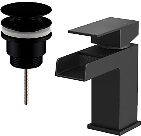 Architeckt® Dakota Bathroom Basin Sink Mixer Tap with Waste Waterfall Spout Modern Mono Square Single Lever Handle Faucet for Sinks, Black