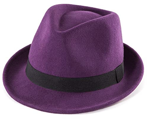LADYBRO Winter Trilby Hut für Herren 1920er Kurze Krempe Wollfilz Fedora Hut, 58cm, Violett