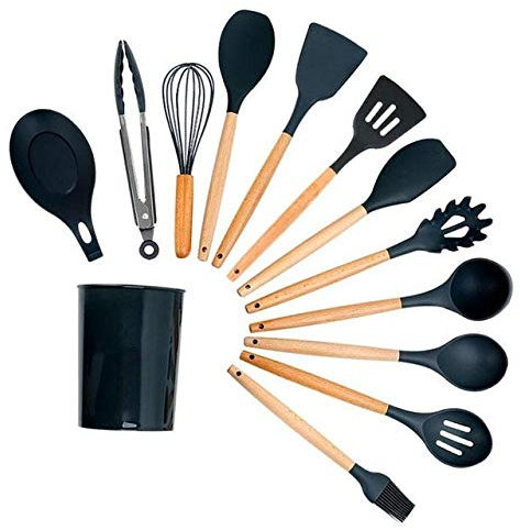Set Utensili Cucina,9/11 / 13PCS Utensili da cucina in silicone Pentole antiaderenti Strumento di cottura Mestolo in legno Frullini per uova Pala Cucchiaio Zuppa Utensili da cucina Set-black-13pcs