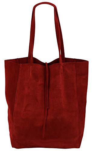 SH Leder ® Damen Echt Wildleder Shopper mit Innentasche in vielen Farben Schultertasche Henkeltasche 37x29cm Katrin G261 (Dunkelrot II)