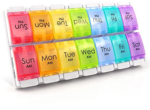 Medizinische wöchentliche Pillendose, leicht zu öffnen, zweimal täglich, Reisepille mit Druckknopf-Design, Medikamenten-Organizer für Vitamine und Nahrungsergänzungsmittel, zweireihig mit Tablett