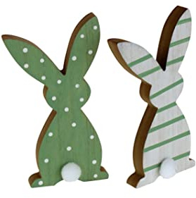 RiloStore 2er Set Osterhasen 20cm Holz Hasen grün Weiss Punkte Frühling Ostern Deko Holzhasen mit Puschel Osterdeko
