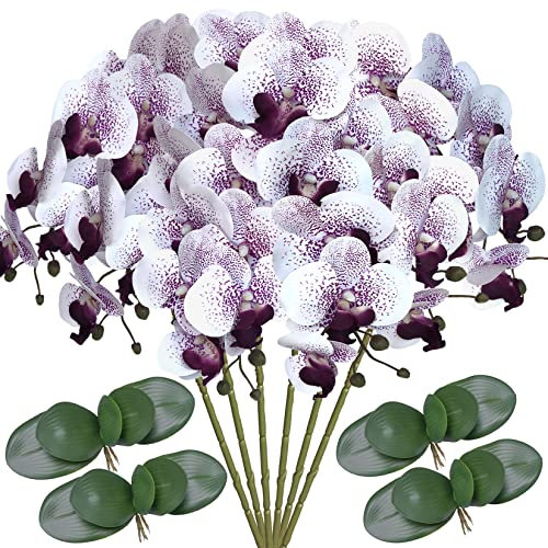 FagusHome 6 Stück künstliche Phalaenopsis-Blumen mit 4 Bündeln, Blätter, künstliche Orchideen, Stielpflanzen für Heimdekoration (violetter Kern)