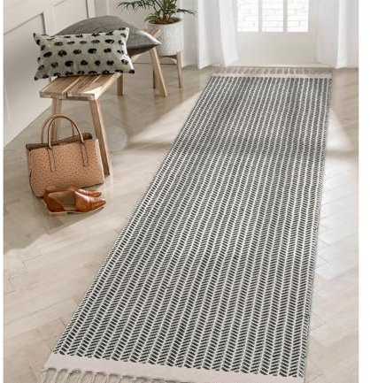 Lahome Boho-Läufer für Flur, 5x15 cm, Waschküche, Teppich, leichter Eingangsläufer, gewebte Baumwolle, Überwurfmatte mit Quasten, Bauernhaus, grauer Teppich, Niederflorläufer für Küche und Badezimmer