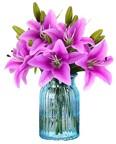 Künstliche Blumen 8 Stück künstliche Lilien mit 3 Knospen florale Kunst pflanzliche Blumen Latex Vollblume Real Touch für Heimdekoration Hochzeit Party Büro Restaurant (Lila)