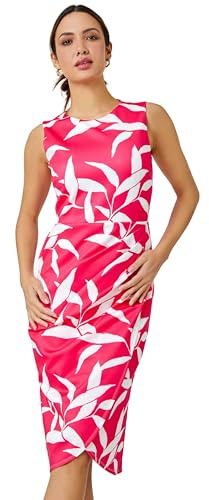 Roman Originals Ruched Waist Dress for Women UK Ladies Side Pleat Winter Autumn Textured Fitted Shift Pencil Smart Lined Stretchy Jersey Work Knee Length Round Neck