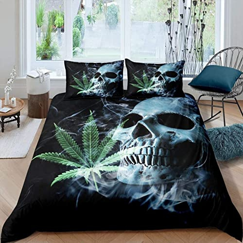 3D Cannabis Blatt Bettwäsche 135x200 Skull Weiche Microfaser Bettwäsche-Sets Erwachsener Bettbezug mit Reißverschluss und 2 Kissenbezug 80x80 cm
