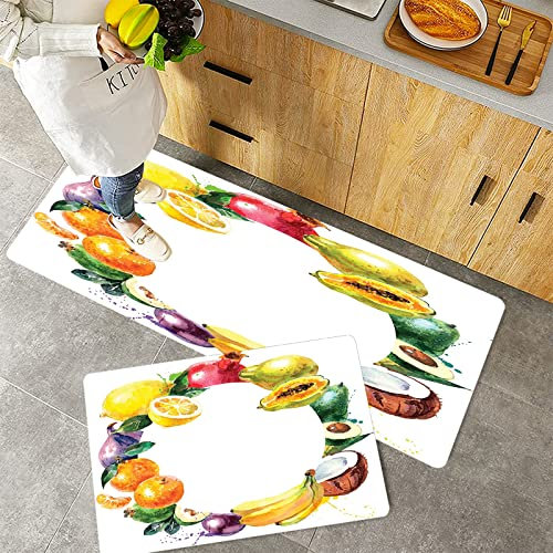 Küchenteppich Teppich Läufer Küchenläufer 2 Stück rutschfest,Obst, Naturkost mit Bananen-Zitronen-Avocado-Orangen-Kokos-Frisch-Landwirtschaft-Kunstdruc, Waschbar für Flur Küche 40 x 100 cm+40 x 60 cm
