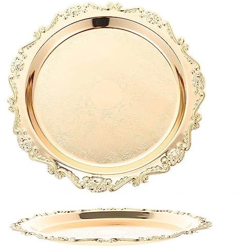NGDECOR 5 Pack Stainless Steel Round Plates, Large Dinner Plate for Eating, Snack Salad Dessert Plates Stainless Steel Charger Plate, Vintage Feeding Serving Plate Dish for Outdoor, Camping,Gold-8in