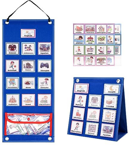 Kinder Kalender - Visueller Stundenplan aus Filz mit 70 Deutschsprachigen Bildkarten, Klettpunkten und Tasche - Unterstützt den Tagesablauf für Zuhause und Schule
