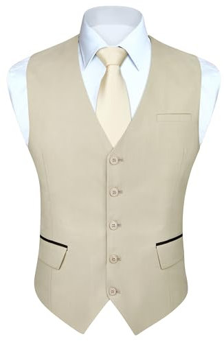 HISDERN Anzugweste Champagne Herren Elegant Hochzeit Weste Anzug Klassische Einfarbig Businessweste Formelle Smoking Anzugwesten mit Taschen L