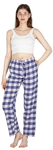 JTPW Damen 100% Baumwolle Super Soft Flanell Pyjama/Lounge Bottoms mit Taschen,Blue Pink Plaid,Size:S