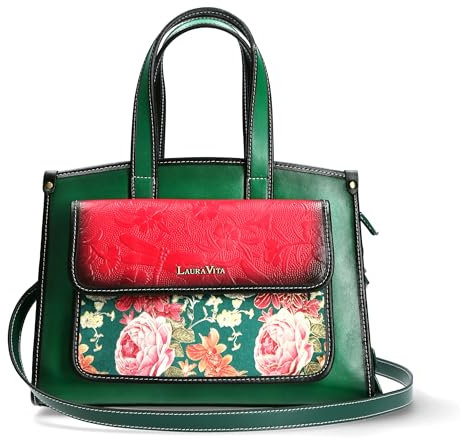 Laura Vita Damen Umhängetasche Shopper Leder Blumen Tier Muster Arlina, Farbe:Grün