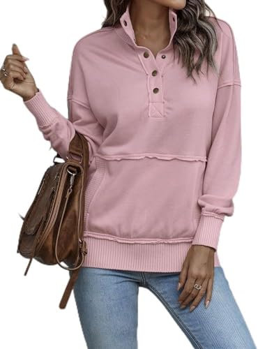 Placitiume Felpa da donna casual a maniche lunghe leggera con bottoni felpe allentate pullover camicie top, rosa, XXL