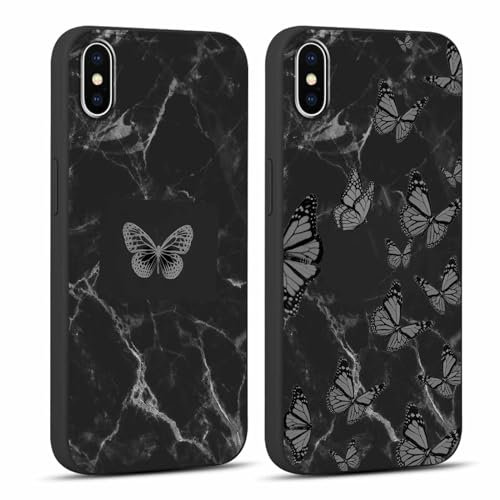 Coalbooliy 2 Stück Handyhülle für iPhone XS/iPhone X 5,8, Aesthetic Muster Marmor Schmetterling Design Hülle mit KameraSchutz und BildschirmSchutz, Schwarz Silikon Stoßfestes Schutzhülle, 01