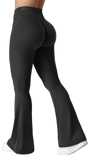 ZAAYO Damen Flare Scrunch Leggings V Cross Taille Bell Bottom Yoga Hosen Tummy Control Bootcut Workout Leggings Schwarz L