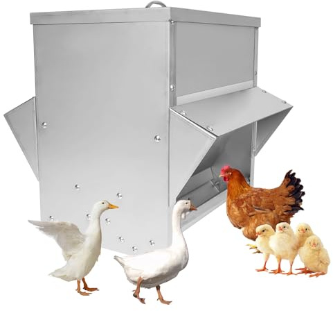 MUALROUS 25KG Automatische Hühnerfutterautomaten ohne Abfall Geflügelfutterautomat Edelstahl Wasserdichter Hühnerfutterautomat mit Deckel Hängender Futtertrog für Wachtelenten Feeder draußen