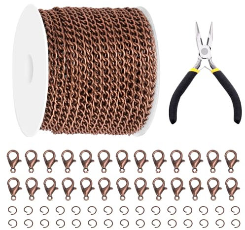 Glarks 102Pcs 30 Feet Jewelry Chains Set Ancient Red Copper Cable Link Chains Link Rolls Bulk Twisted Links Chain Necklace Jewelry Making Chains with Lobster Clasps and Jump Rings