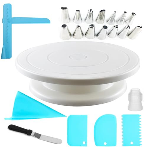 11 Inch Cake Turntable, Cake Plate Rotating Kits 22 PCS Rotating Cake Stand Professional Birthday Cake Decorating Kit with Cake Scrappers, Spatulas, Stainless Steel Nozzles Piping Bags