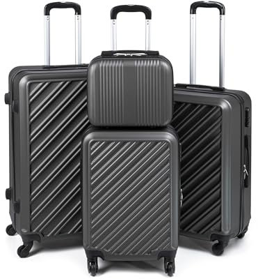 HEYO Hartschalenkoffer Reisekoffer mit Rollen Koffer & Trolleys mit Zahlenschloss Teleskopgriff (Grau, 4er Set: M, L, XL, Kosmetikkoffer)