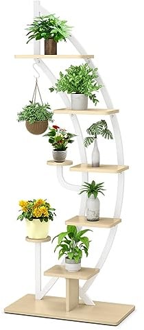 GYMAX Scaffale per Piante a 7 Livelli, Portafiori a Mezza Luna con Gancio, Dispositivo Antiribaltamento, per Balcone, Terrazza, Giardino, 60 x 30 x 155 cm (Bianco, Stile 2)