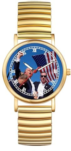JewelryWe Trump-Attentat Uhr Elastische Armbanduhr: Donald Trump Survived Shot Fist Raised Analog Quarz Armbanduhr Herren Damen Gold Edelstahl Stretchband römische Ziffern Lässige Uhr