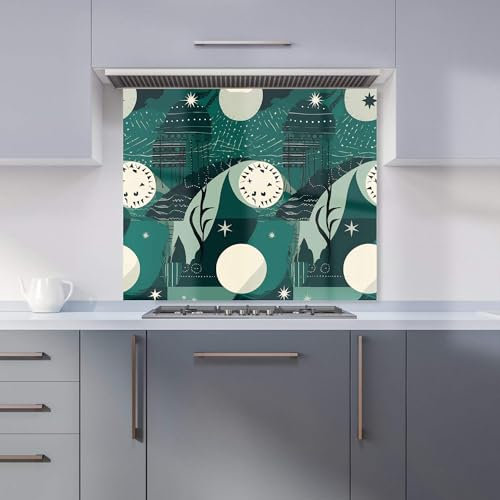 Premium Abstact Green Cream Moon and Stars Kitchen Splashback 6mm Toughened Glass Kitchen Splashback – Heat Resistant Splashback for Kitchens, Perfect for Cookers and Hobs, Polished Edges