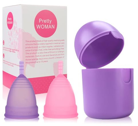 PATILWON Cup Menstruelle, Comprend 2 Coupes 1 Stérilisateur, Silicone de Qualité Médicale, Doux, Réutilisable et Lavable 100% Sûr (Cup Menstruelle Petite (rose rouge + violet))