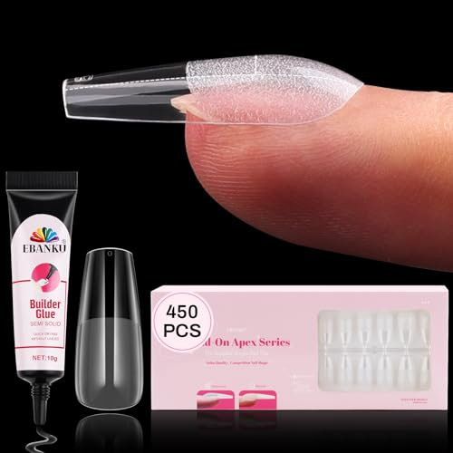 EBANKU Build on Apex Nail Tips 450PCS, Glamorous Full Cover Medium Coffin Soft Gel Clear Nail Tips, Pre-Shaped Press on Nail Tips for Nail Extension False Nails Manicure 15 Sizes