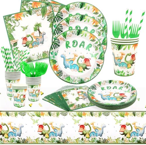 Huiyoulan 101 Stück Dino geburtstag deko partygeschirr set, für 20 Gäste Dinosaurier Partyteller Geburtstag Geschirr,Dinosaurier Pappteller Tischdecke Becher Servietten für Kindergeburtstag Deko