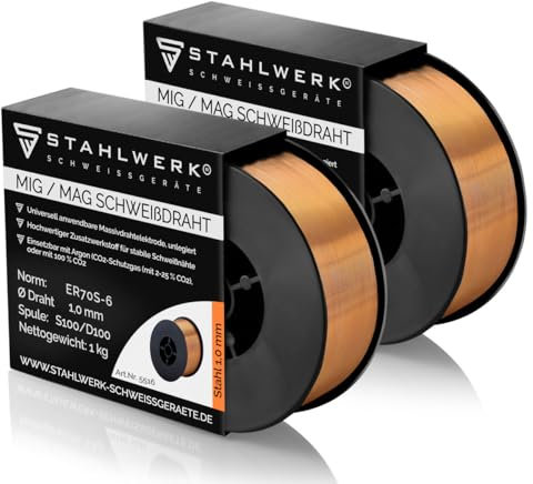 STAHLWERK MIG/MAG Stahl Schweißdraht Ø 1,0 mm 2er Set ER70S-6 (SG2) – je 1 kg D100-Spule für 16 mm Dorn, universell einsetzbar, hochwertige Massivdrahtelektrode für Stahlarbeiten mit Schutzgas