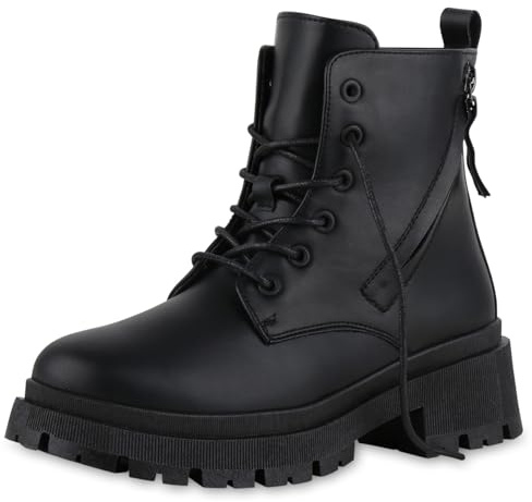 VAN HILL Damen Schnürstiefeletten Leicht Gefüttert mit Blockabsatz Zipper Profilsohle