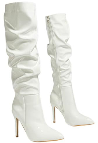 Stivali Alti Fino al Ginocchio in Pelle Verniciata da Donna, Stivali Lunghi con Tacco a Spillo Rosso Sexy a Punta, Stivali con Tacco alla Moda con Cerniera Laterale,Bianca,42 EU