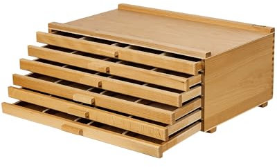 DJAR 6-Drawer Art Supply Storage Box, Portable Beech Wood Organizer with Removable Dividers for Brushes, Pastels, Markers, and Other Art Tools, Natural
