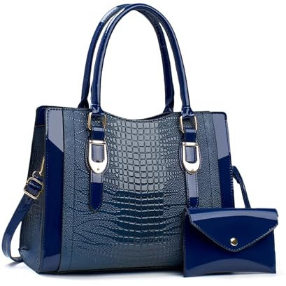 NICOLE & DORIS Elegante Handtasche Damen Schöne Tasche mit Geldbörse Umhängetasche Lackleder Schultertasche Tote Bag für Büro Reise Einkauf Blau